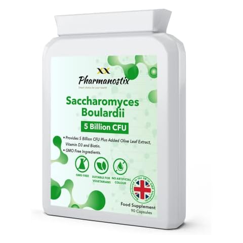 Saccharomyces Boulardii Supplement 90 Capsules, High Strength, 5 Billion cfu Organisms, No Refrigeration Required, Non-Colonising Yeast with Added Olive Leaf, Biotin and Vitamin D, UK Manufactured Cover