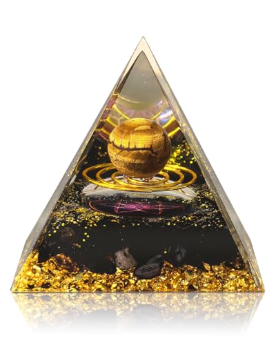 Image of Orgone Pyramid with Healing Crystals - (Space - Planets) - Golden Obsidian Energy Generator for Positive Vibe, Stress Relief & Chakra Reiki Meditation - Spiritual Gift for Success, Wealth & Prosperity