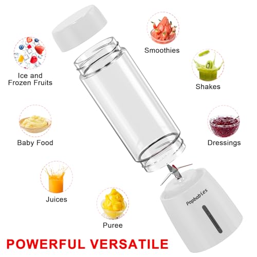 Image of Popbabies Portable blender for smoothie and juices, 450ML Ice Crushing, blender smoothie juice, Pulse Mode Feature, 4000mAh, USB Waterproof Charging Port, Food Grade Jar, 6 Sharp Blade (White)