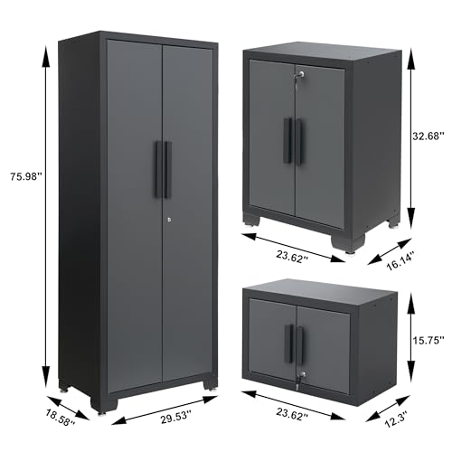 Image of Torin Garage Storage Cabinets System, 9 Piece Workshop Cabinet Set in Black | Included Steel Drawers Rolling Chest,Locked Storage Cabinet, Perfect for Organizing Garage and Tools, 129.92 inch, Black /Grey