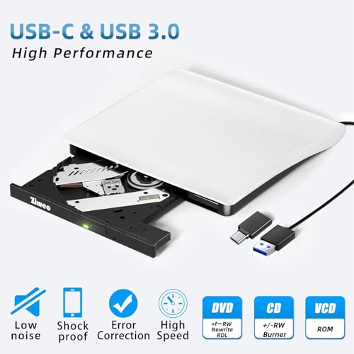 Image of Ziweo External DVD Drive USB 3.0 Type-C Portable CD DVD + /-RW Drive for Laptop DVD Player CD ROM Rewriter Burner Compatible with Laptop Desktop PC Windows MacBook Mac Linux Mac OS Upgrade White
