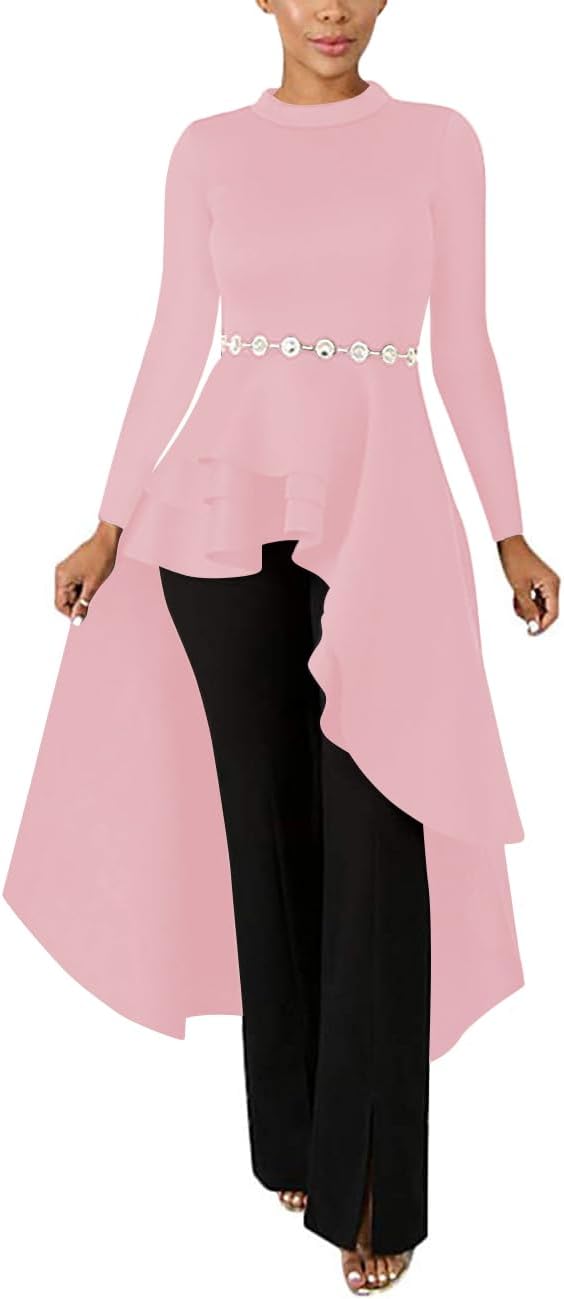 Lrady Women Ruffle High Low Asymmetrical Long Sleeve Peplum Tops Blouse Shirt Dress - Image 3