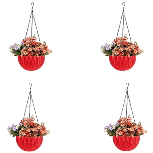 Image of Go Hooked Pots | Plastic | Hanging Pot | Red | Pot Diameter- 7.1 Inch | Pot Height-4.8 Inch | Pot Thickness-3 mm | Chain Length-13 inch Approx. | 4 Pieces