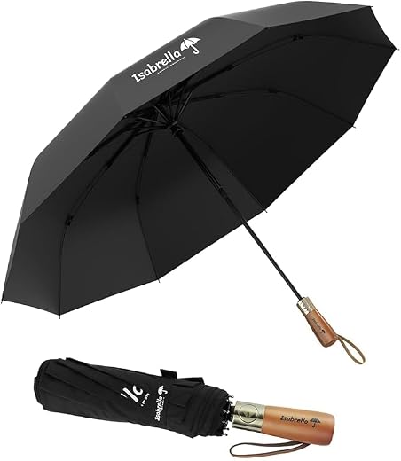 ISABRELLA Umbrella for Rain, Wooden Handle Umbrella for Men, Waterproof UV Protection Sun &amp; Rain for Monsoon Folding Umbrella