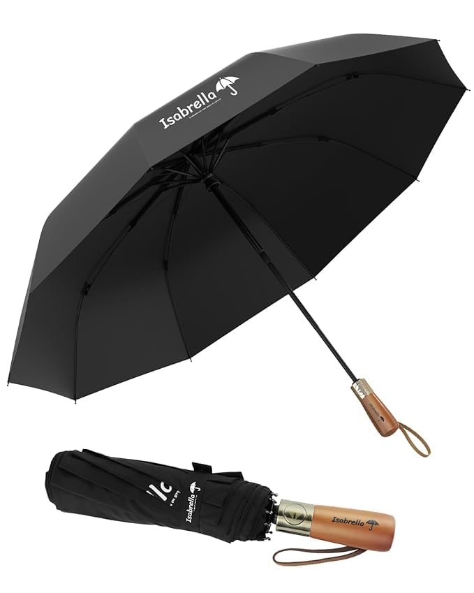 ISABRELLA Umbrella for Rain, Wooden Handle Umbrella for Men, Waterproof UV Protection Sun & Rain for Monsoon Folding Umbrella