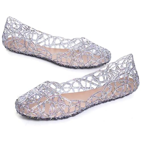 Image of Stunner Women Beach Jelly Shoes Slip On Crystal Summer Hollow Ballet Flats | Summer Cool PVC Breathable Outdoor Indoor Dressy Flat Sandals for Holiday Shopping Spa Swimming Pool