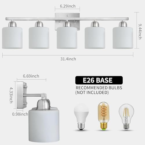 Image of 5 Light Bathroom Light Fixtures Brushed Nickel,Anti-Rust Finish Bathroom Vanity Light with Milky White Frosted Glass Shade for Mirror Bedroom Living Room E26 Base