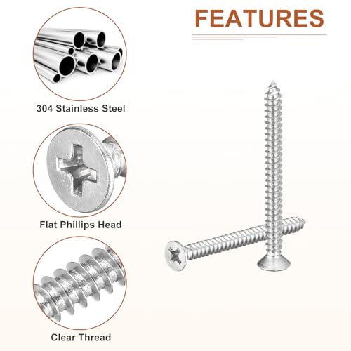 Image of DTGN 100Pcs #7x1-3 /4 inch Flat Head Wood Screws, 304 Stainless Steel Phillips Self Tapping Screws - Good for Woodworking, Furniture - Silver