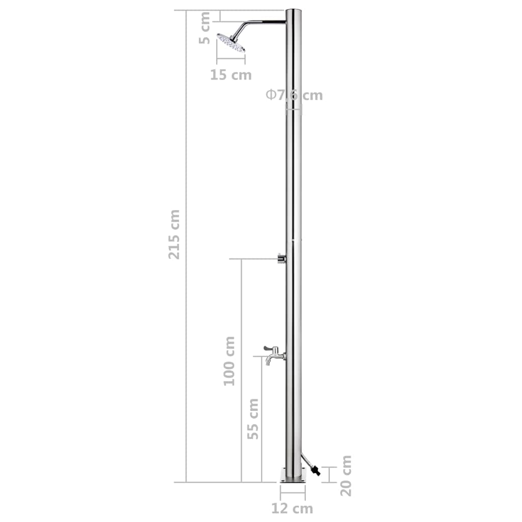 Ducha de jardín de acero inoxidable con placa de suelo de WPC gris, 220 cm de altura, sistema de ducha para piscina de jardín, zona exterior con alcachofa y grifo de lavado de pies, ahorra