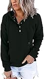 Women Hoodies Long Sleeve Pullover Botton Up Tunic Tops Casual Drawstring Lightweight Sweatshirts With Pockets Black