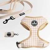 Peludicos Boutique Pack Arnés,Correa y Portabolsas Beige para Perro Ajustables de Neopreno – Diseño Vichy, Cómodos y Resistentes – 4 Tallas