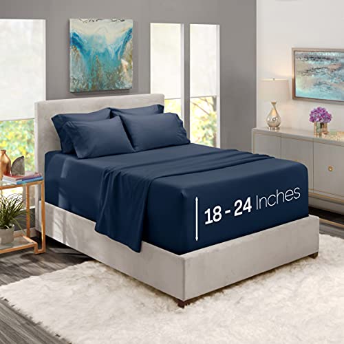 Extra Deep Pocket Bed Sheets – 6 Piece Deep Pocket Queen Size Sheets Navy – Deep Bed Sheets - Deep Fitted Sheet Set Super Deep Sheets fits 18 Inch to 24 Inches Mattress - Super Deep Queen Size Sheets