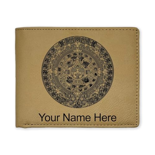 LaserGram Faux Leather Bi-Fold Wallet, Aztec Calendar, Personalized Engraving Included (Beige)
