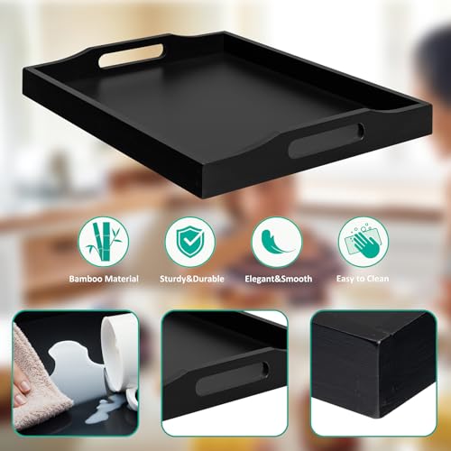 Bamboo Serving Tray with Handles, Wooden Breakfast Tray for Food, Snacks, Dinner, Home Decorative Storage, Platter, Ottoman, Kitchen Counter, Bathroom, Restaurant (Black) - Image 4