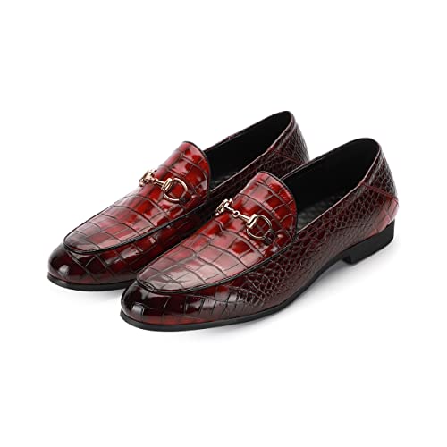 Santimon Men's Classic Horsebit Loafers Wedding Dress Crocodile Effect Leather Shoes For Men Fashion Party Loafers Wine Red 6 Us #TOP1