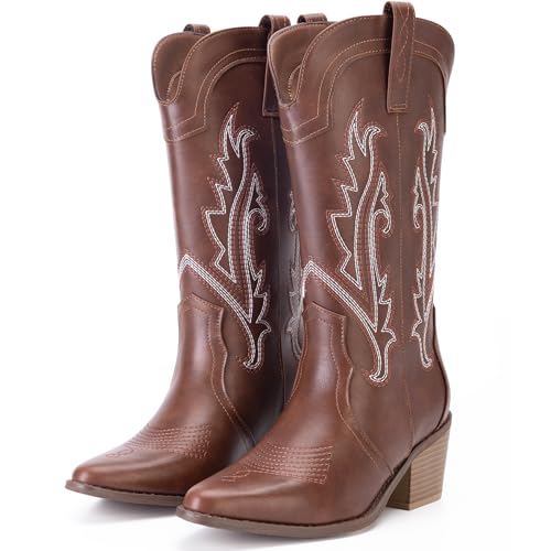 Women's Cowboy Boots Pointed Toe Western Boots Embroidered Mid-Calf Chunky Block Heel Cowgirl Boots4