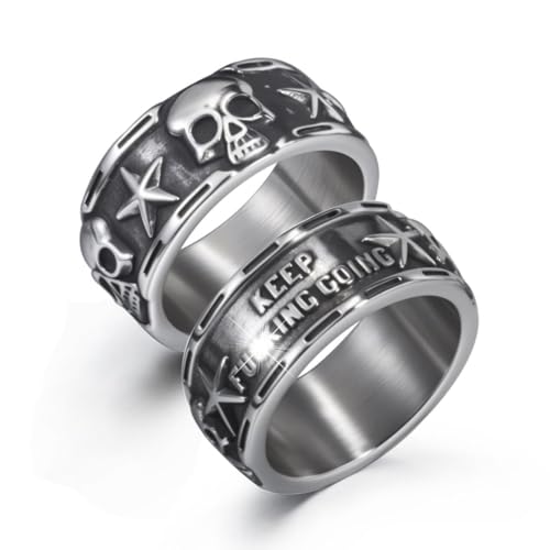 Keep Going Ring Gothic Star Skull Rings for Men Women Band Stainless Steel Silver Pentacle Skeleton Cocktail Party Biker Ring Size 8-13