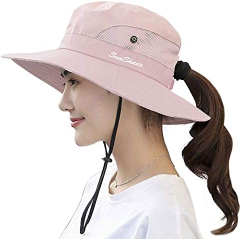 KPWIN Sun Hats for Women, Women's Ponytail Bucket Hat Outdoor UV Protection Foldable Mesh Wide Brim Beach Fishing Hat (Pure Pink)