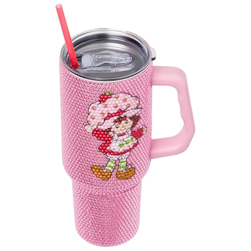 Image of Silver Buffalo Strawberry Shortcake StainlessSteel Rhinestone Tumbler, 40oz | Blueberry Muffin, Collage, 1.2 Liters, Pink, Double-Walled, Handle, Straw, Straw Cap