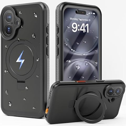 Oterkin Magnetic & Stand for iPhone 16 Case Waterproof[Built-in Screen Protector][Fit for Magsafe][Invisible Kickstand] 360° Full Body Sealed Protective Dustproof Shockproof Case for iPhone 16(Black) Cover