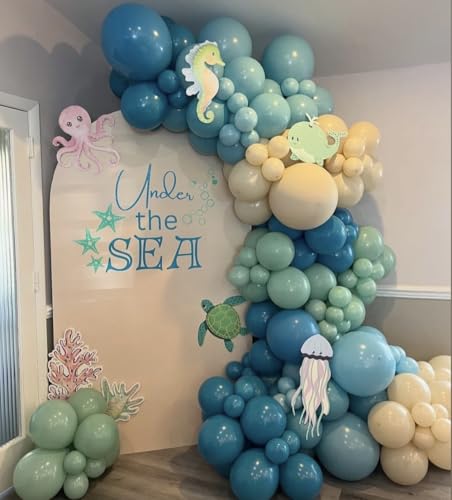 Image of Under the Sea Party Decorations, 154pcs Slate Blue Mist Green Balloon Garland Arch Kit, Bubble Balloons with Dolphin Shark Hippocampus Foil Balloon for Ocean Birthday Party Supplies Shark Party Decor