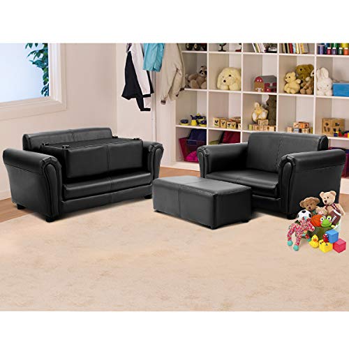 Casart Kids Sofa Set With Ottoman, Upholstered Couch And 2 Seat Armrest Chair Lounge For Boys & Girls Kids Room Decor Toddler Chair (32.5" (L) X 16.5"(W) X 16"(H), Black) #TOP1