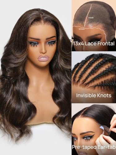 Image of Beauty Forever Pre Everything Glueless Front Espresso Brown With Highlights Body Wave Glueless Wigs Human Hair Pre Plucked Pre Cut 13x4 Loose Wave Bye Bye Knots Ready to Wear Wig 150% Density 20inch