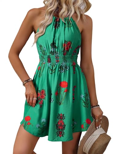 Image of BLENCOT Womens Summer Beach Halter Neck Dresses Casual Smocked A Line Floral Mini Dress with Pockets