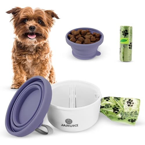 JARUKI - Comedero-Bebedero Portátil - Cuenco Plegable de Silicona para Perros - 2 Compartimentos - Rollo Bolsas Incluido - Cuerda para Colgar - Ideal para Viajes (Morado)