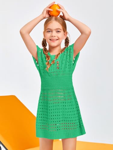 Image of Haloumoning Girls Crochet Swim Beach Cover Up Kids Fashion Button Short Sleeve Swimsuits Cover Ups 5-14 Years