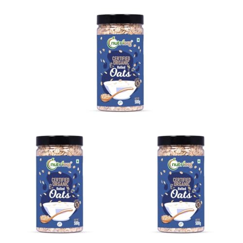 Image of Nutriorg 100% Organic Rolled Oats 500gm | Pack of 3 | Gluten Free | High protein | Weight loss | Fibre Rich | Easy to Cook | Overnight Oats | Nutritional Breakfast Cereal Oats | Air Tight Plastic Jars