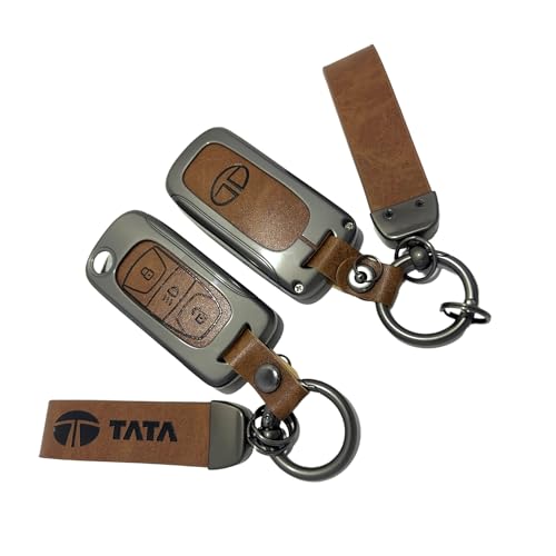 Image of Zinc Metal Alloy Leather Car Key Cover & Case Brown with Keychain & Holder fit for TATA Nexon, Punch, Altroz, Tigor, Tiago, Harrier, Zets, Bolt, Hexa, Storme (3 BT Flip Key)