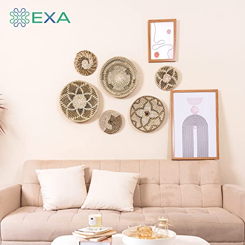 Exa Set Of 6 Seagrass Hanging Wall Basket Decor - Large Wall Baskets Decor Boho Flat African Design - Handmade Round Wicker Woven Basket Wall Decor - Wall Art Twin Flowers Rustic Rattan Wall Decor #TOP1