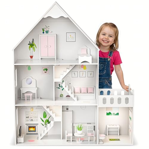 Barbie Grande Maison de poupée en Bois de 118 cm – Kinderplay Maison de poupée à 3 étages pour Enfants avec Meubles, lumière LED, Autocollants et Accessoires – Maison de Jeu Moderne en Bois Cadeau à