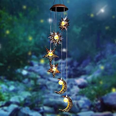 TRYMEURO Solar Windspiele mit Sonne Mond Stern, Laternen für Außen Warme LED Wasserdicht Hängend Garten Deko Solarleuchten für Dekoration Geschenke Cover