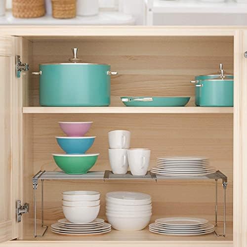 HapiRm Cupboard Organiser Kitchen Cupboard Organiser, Expandable Kitchen Shelf Organiser for Kitchen, Bathroom, Stainless Steel Cupboard Tidy for Cabinets, Countertops, Non-slip, Silver