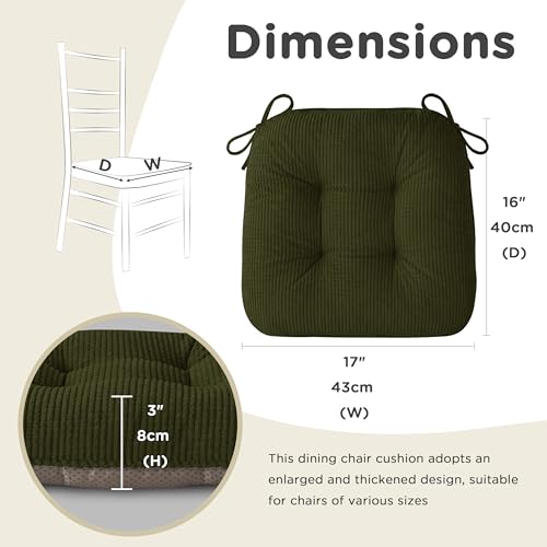 Image of AddGrace Chair Cushions for Dining Chairs Set of 4 Non-Slip Kitchen Seat Cushions with Ties Tufted Thick Seat Pads for Indoor Kitchen Dining Furniture 17 inchx16 inchx3 inch Dark Green