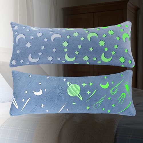 2PCS Glow in The Dark Body Pillow Cover,21x54 Inches Ultra Soft Plush Pillowcase Set with Moon,Stars&Planets Pattern,Fluffy Velvet Long Pillow Case for Boys Girls,Side Zipper,Easy Wash&Spare Change