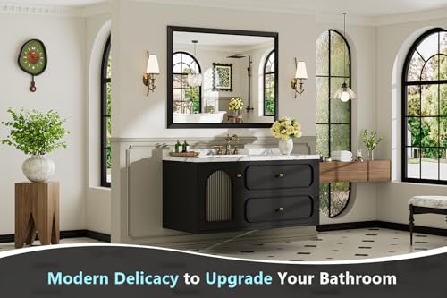 Image of 40x38 Inch Black Bathroom Mirror for Wall, Beveled Framed Rectangle Bathroom Vanity Mirrors for Over Sink, Bedroom, Living Room, Entryway, Anti-Rust, HD Tempered Glass, Horizontally /Vertically