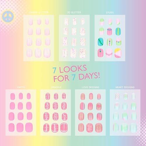 7 Day Manicure Collection - 84PC Press On Nail Set, Day-of-The-Week Adhesive False Nails for Girls (Set of Brights or Pastels) – Colorful Novelty Designs Stick On Nails for Kids - Thumbnail 6
