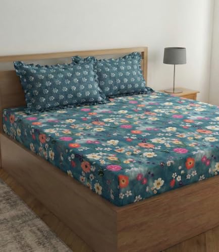 Image of Home Sizzler Microfibre Floral Print Double Fitted Bedsheet, 72x78 inch, Teal Green with 2 Ruffled Edge Pillow Covers