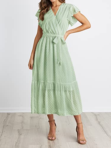 Image of BTFBM Women Summer Bohemian Floral Casual Wrap V Neck Ruffle Cap Sleeveless Belt A-Line Pleated Hem Midi Sun Dress White