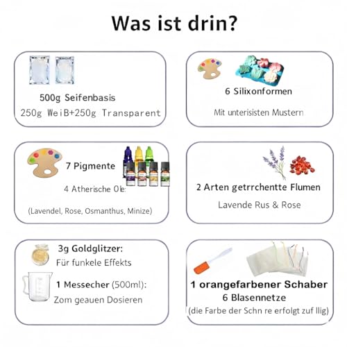 Seife Selber Machen Set Erwachsene - 500g Seifenbasis zum Basteln Erwachsene Frauen, 6 Silikonformen, 7 Pigmente, 4 ätherische Öle, 2 Arten getrocknete Blumen & DIY, Seife Herstellen, Geschenk - Blau
