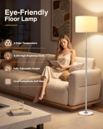 Image of Ambimall Height Adjustable Modern Floor Lamp, Silver & White