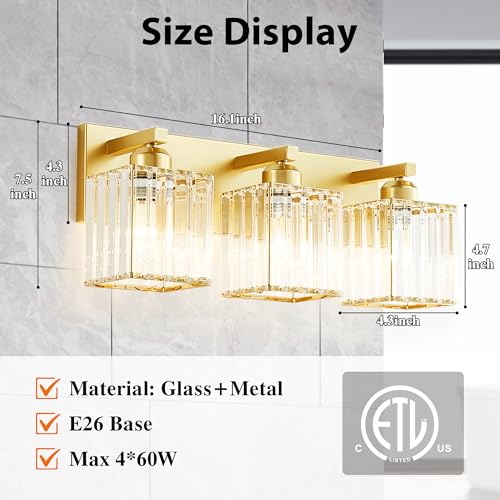 Image of Bathroom Vanity Light Fixtures Over Mirror - Makeup Lighting Pure Gold - for Modern Wall, Bath, Desk, Farmhouse, Hallway 3 Crystal Lights