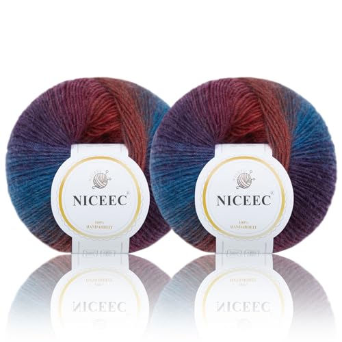 Image of NICEEC 2 Skeins Rainbow Soft Yarn 100% Wool Gradient Multi Color Yarn for Crocheting Knit Total Length 180mx2(196ydsx2,50gx2)-17#