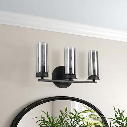 Image of Matte Black Wall Sconce, Farmhouse Vanity Light with Smoked Grey Glass Shade, 16 Inches 3-Light Simple Modern Wall Lamp for Bathroom, Living Room, Hallway, Stairwell (Black, 3-Light)