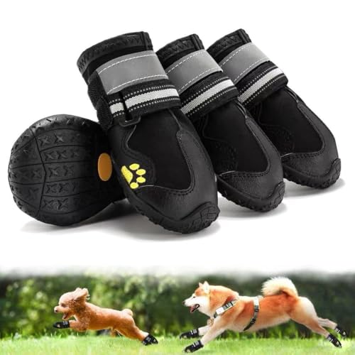 「SENMUUP」犬靴 犬用ブーツ ドッグシューズ 春夏用 軽量通気 メッシュ 抗菌防臭 吸水速乾 2重構造テープ 履かせやすい 脱げにくい 肉球保護 耐久性ゴム底 滑り止め 雨の日 散歩 防水 介護 傷舐め防止 夜間反射テープ付 小&中&大型犬 8サイズ 4個セット (ブラック, 3#)