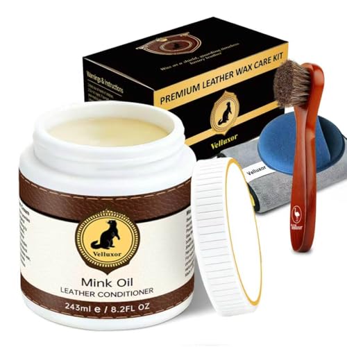 Velluxor 4-in-1 Natural Mink Oil 240g Leather Cleaner and Conditioner Premium Waterproof Soften Restore Formula Leather Cleaner & Protector for Boots Shoes Jackets Car Interiors Saddle Bags