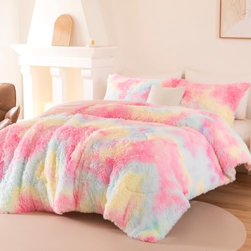 Image of Faux Fur Fluffy King Comforter Set Plush Shaggy Furry Bedding Set - Soft Warm Rainbow Tie Dye Quilt Set, 3 Pieces (Rainbow, King)
